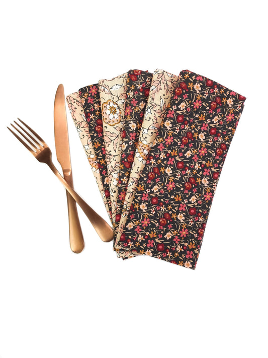 Black & Beige Floral Cloth Napkins, Set of 6