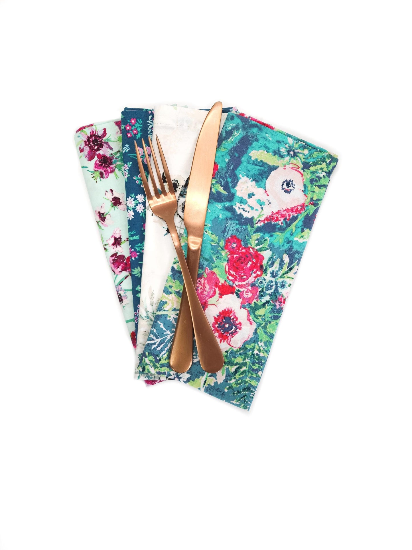 Green Floral Cotton Cloth Napkins, Set of 4