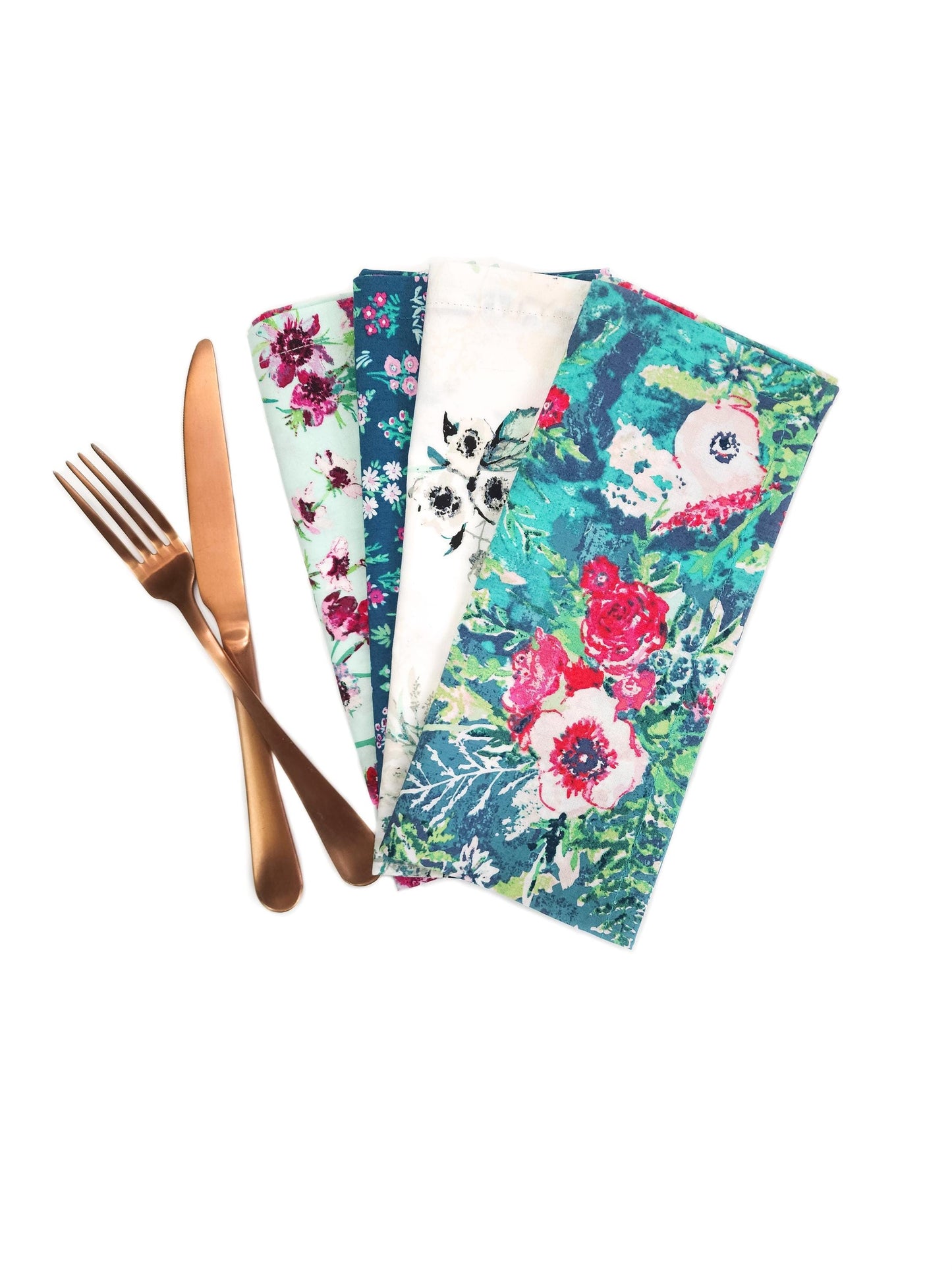 Green Floral Cotton Cloth Napkins, Set of 4