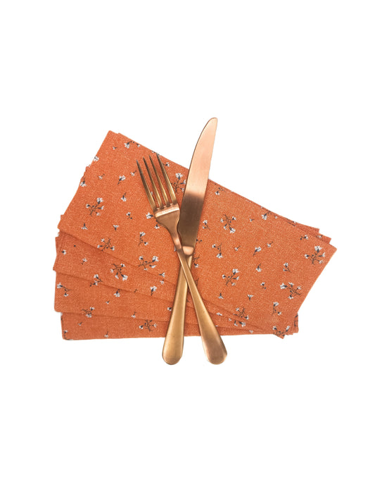 Orange Fall Floral Cotton Cloth Napkins, Set of 4