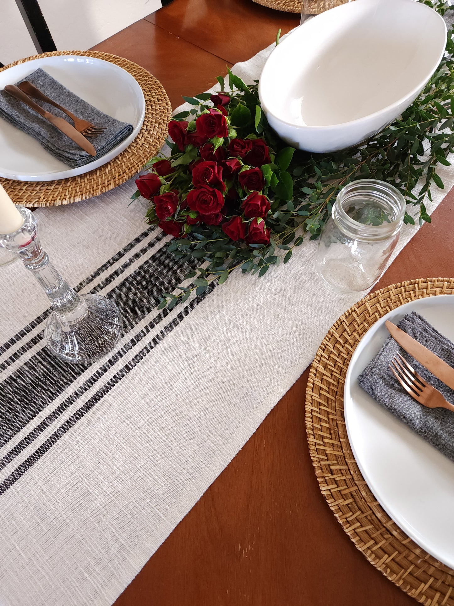 Ivory and Black Striped Rustic Table Runner