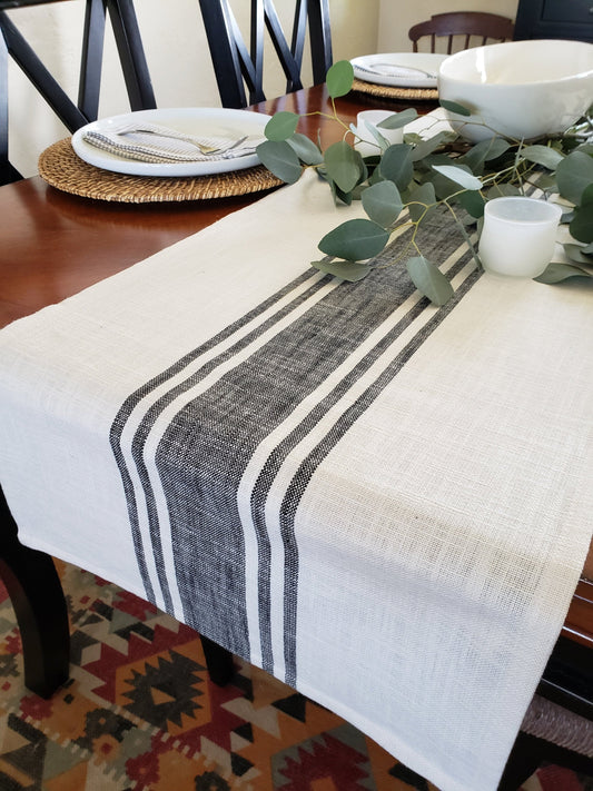 Ivory and Black Striped Rustic Table Runner