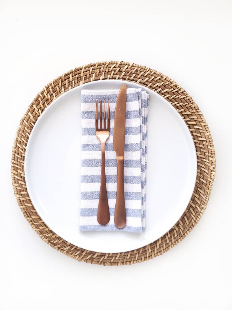 Blue Striped Linen Cocktail Napkins