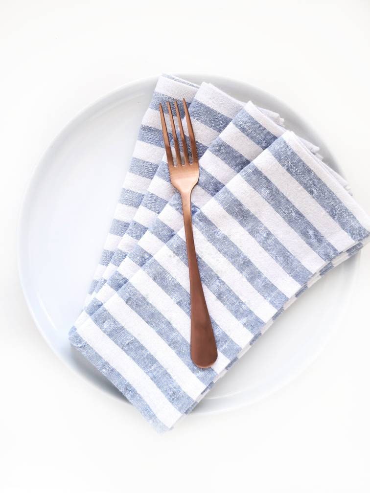 Blue Striped Linen Cocktail Napkins