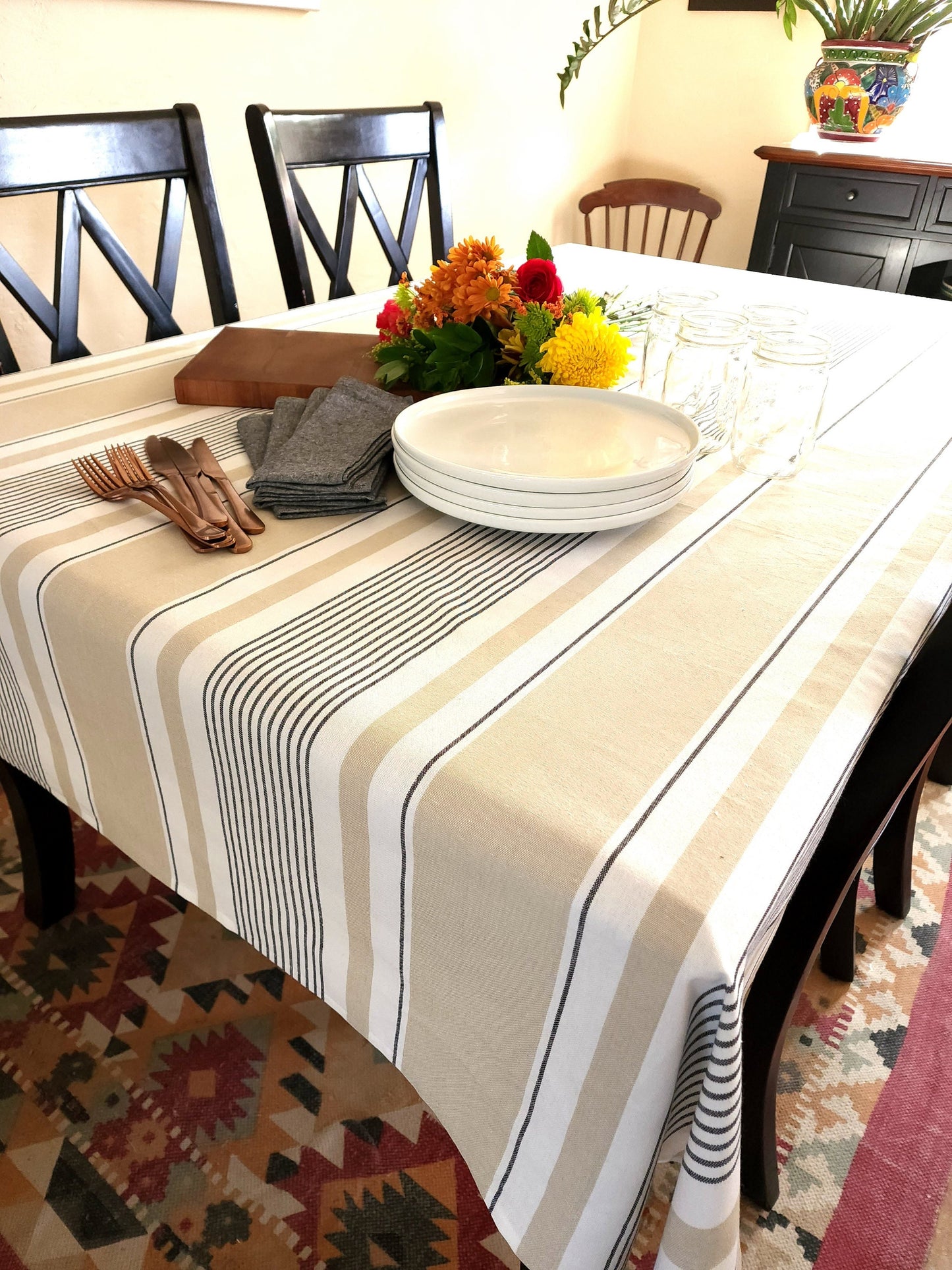 Beige Striped Tablecloth