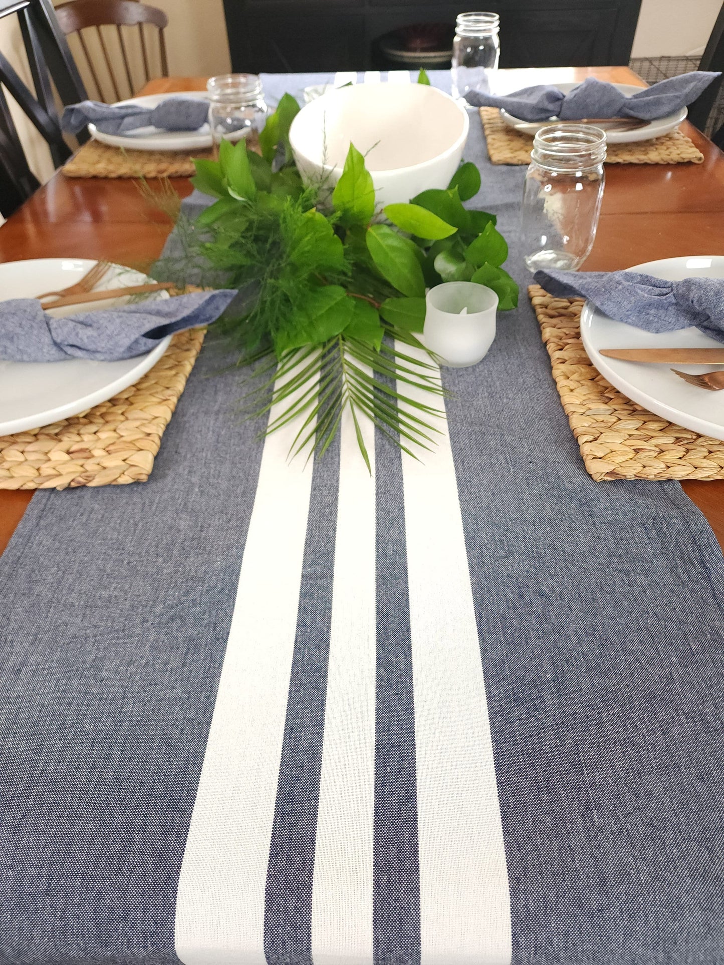 Blue Chambray Striped  Table Runner