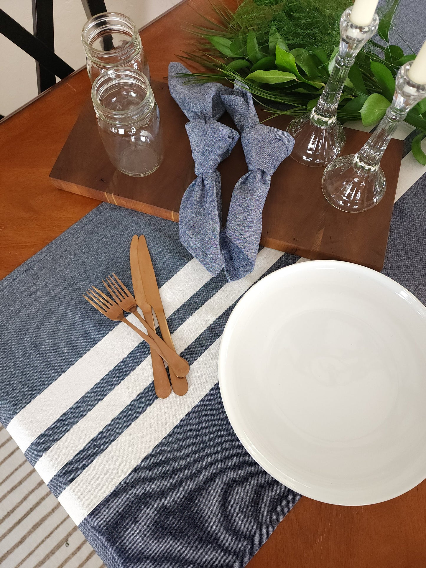Blue Chambray Striped  Table Runner