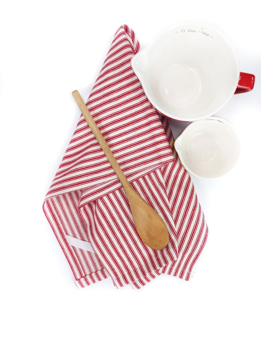 Red Ticking Stripe Cotton Towel, Christmas Kitchen Towel